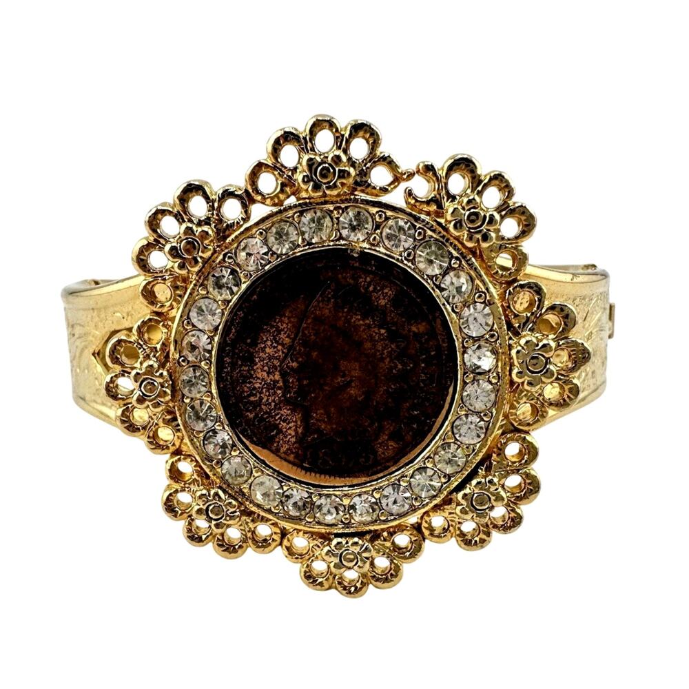 Vintage 1898 Indian Head Penny WLP Rhinestone Gold Tone Hinge Bangle 7” Bracelet